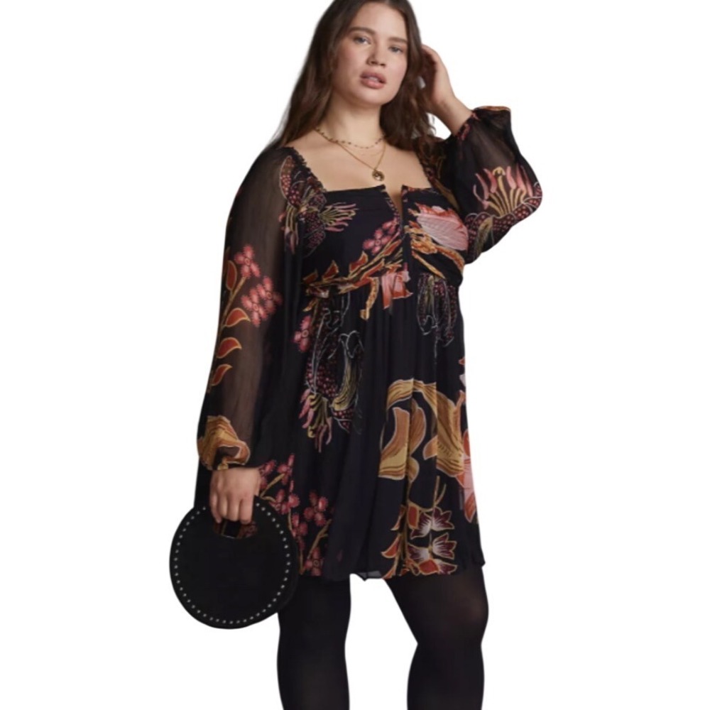 Anthropologie Let Me Be Babydoll Boho Mini Dress Size 2X Black Pink Open Back